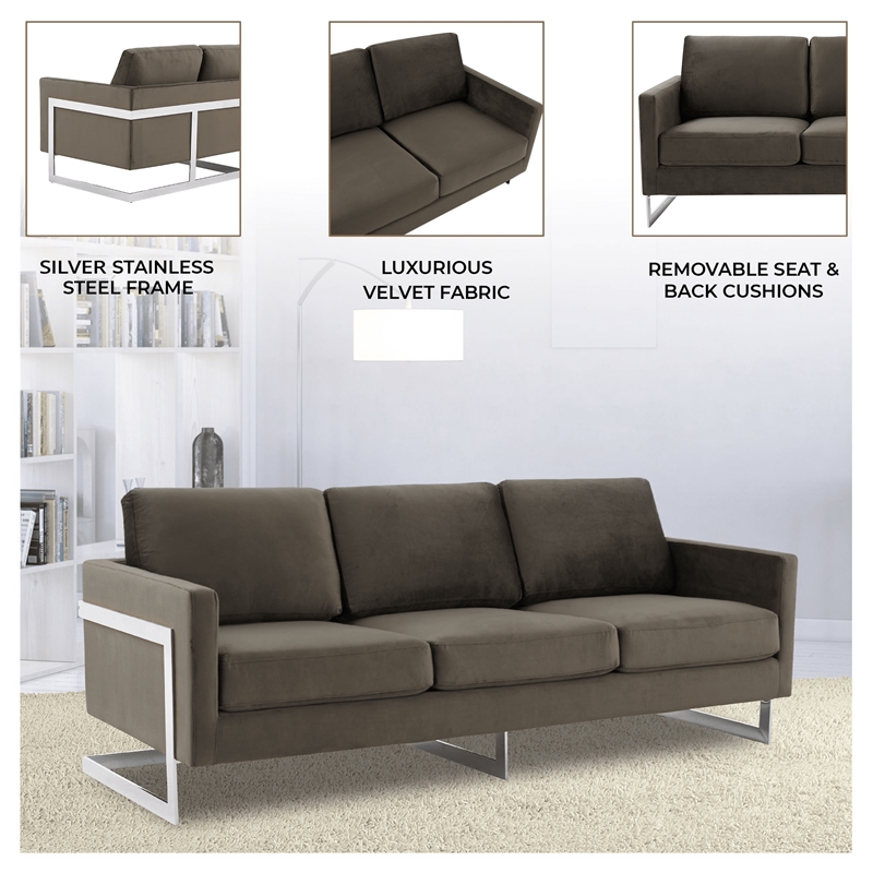 LeisureMod 3-Seater Velvet Sofa with Removable Cushions/Steel Base in Dark Grey