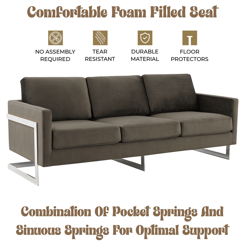 LeisureMod 3-Seater Velvet Sofa with Removable Cushions/Steel Base in Dark Grey