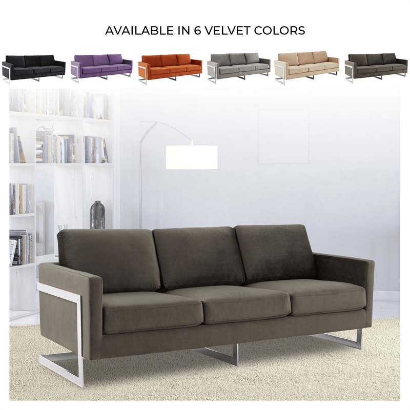 LeisureMod 3-Seater Velvet Sofa with Removable Cushions/Steel Base in Dark Grey