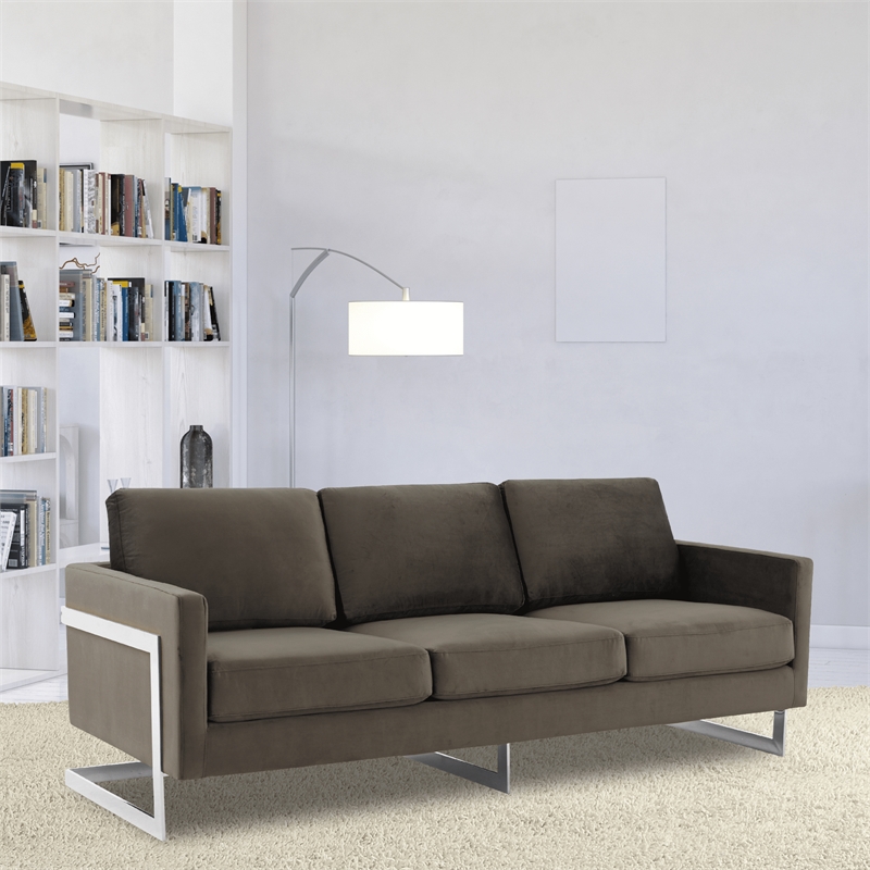 LeisureMod 3-Seater Velvet Sofa with Removable Cushions/Steel Base in Dark Grey
