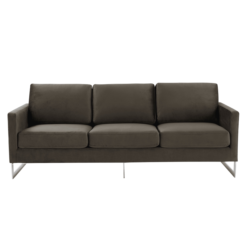 LeisureMod 3-Seater Velvet Sofa with Removable Cushions/Steel Base in Dark Grey