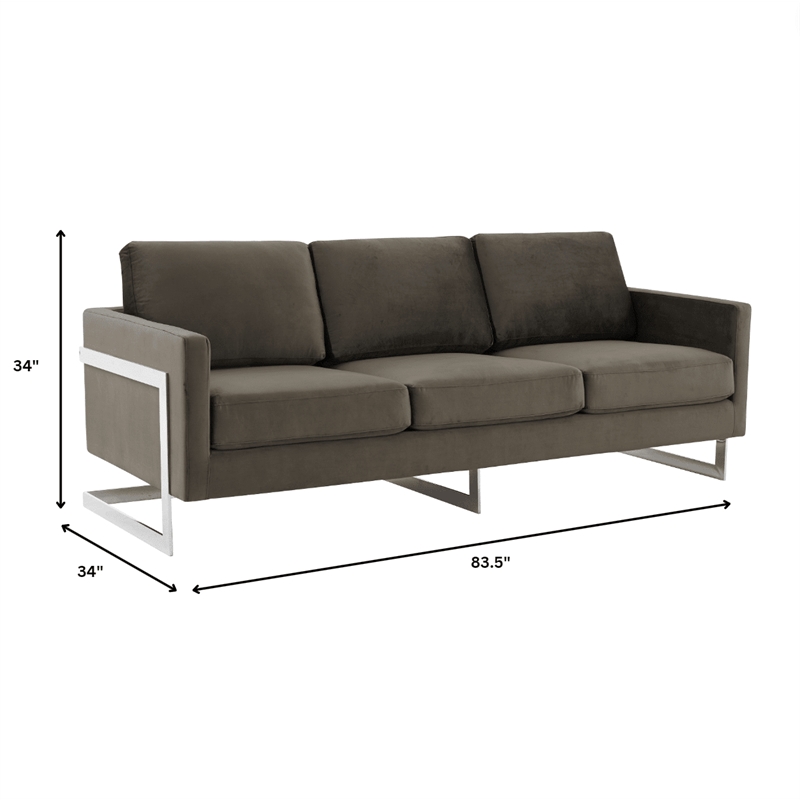 LeisureMod 3-Seater Velvet Sofa with Removable Cushions/Steel Base in Dark Grey