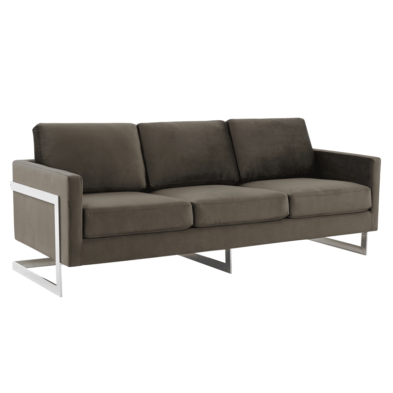 LeisureMod 3-Seater Velvet Sofa with Removable Cushions/Steel Base in Dark Grey