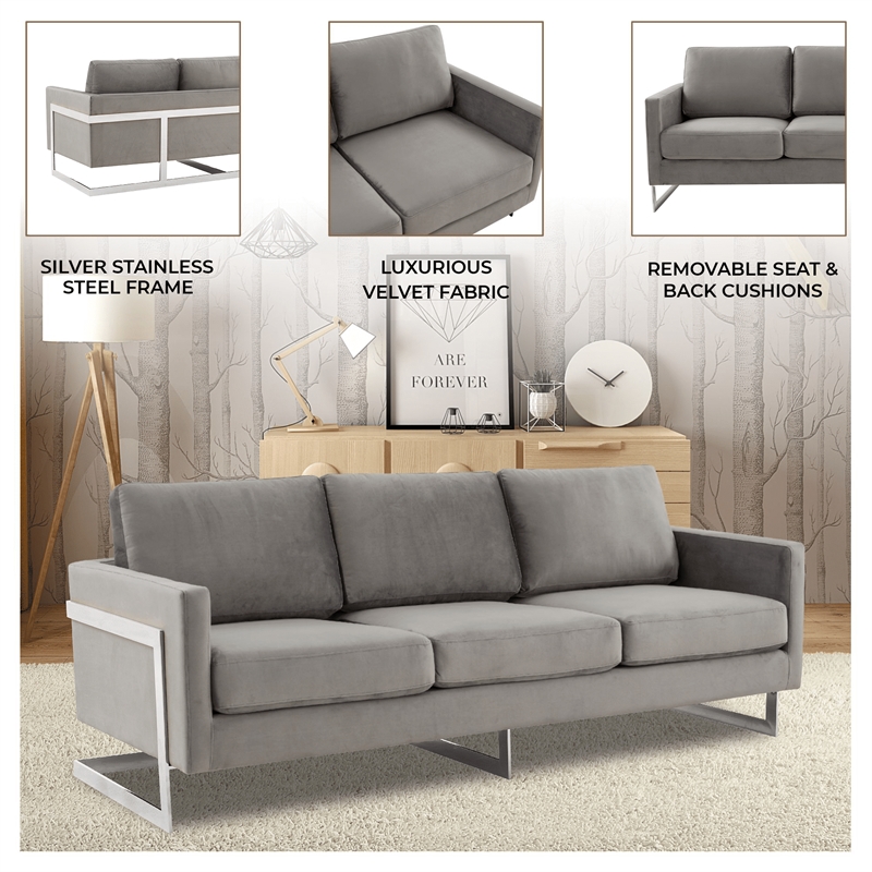 LeisureMod 3-Seater Velvet Sofa with Removable Cushions/Steel Base in Light Grey