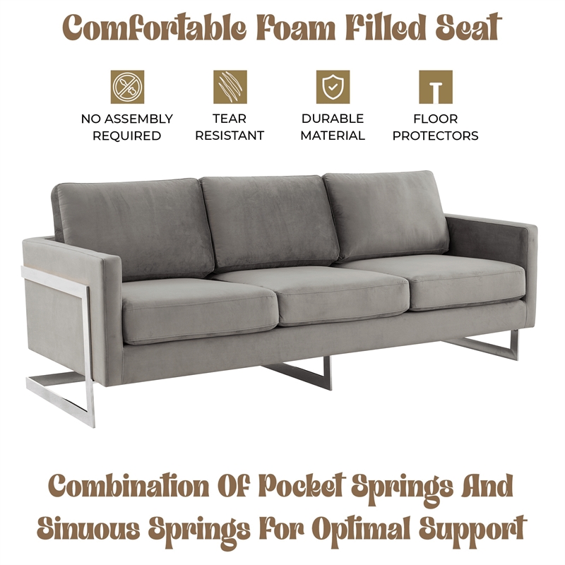 LeisureMod 3-Seater Velvet Sofa with Removable Cushions/Steel Base in Light Grey