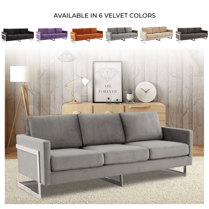 LeisureMod 3-Seater Velvet Sofa with Removable Cushions/Steel Base in Light Grey
