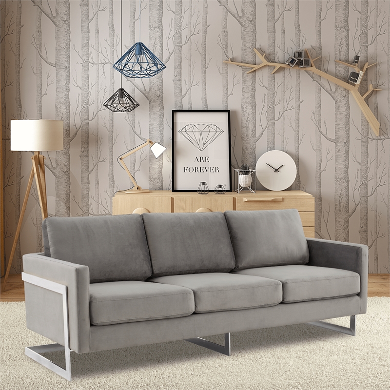LeisureMod 3-Seater Velvet Sofa with Removable Cushions/Steel Base in Light Grey