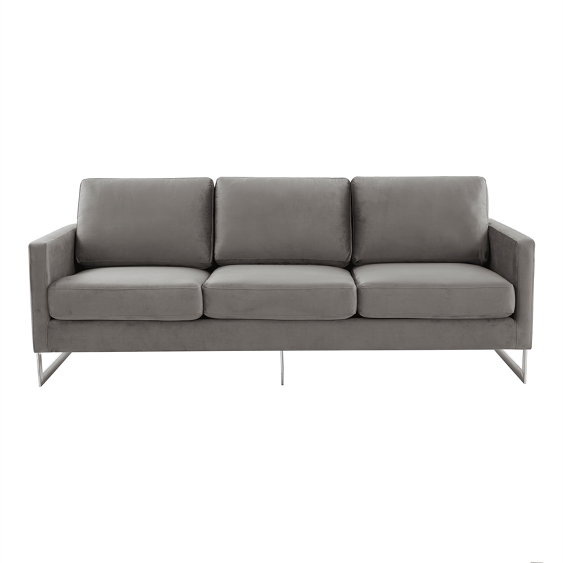 LeisureMod 3-Seater Velvet Sofa with Removable Cushions/Steel Base in Light Grey
