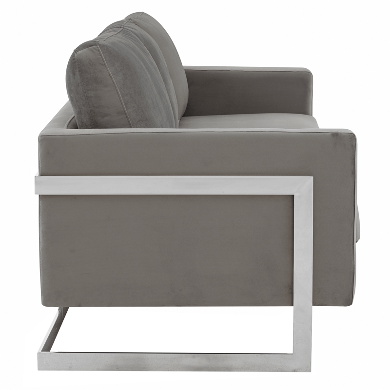 LeisureMod 3-Seater Velvet Sofa with Removable Cushions/Steel Base in Light Grey