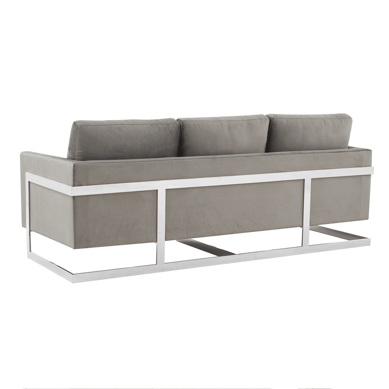 LeisureMod 3-Seater Velvet Sofa with Removable Cushions/Steel Base in Light Grey