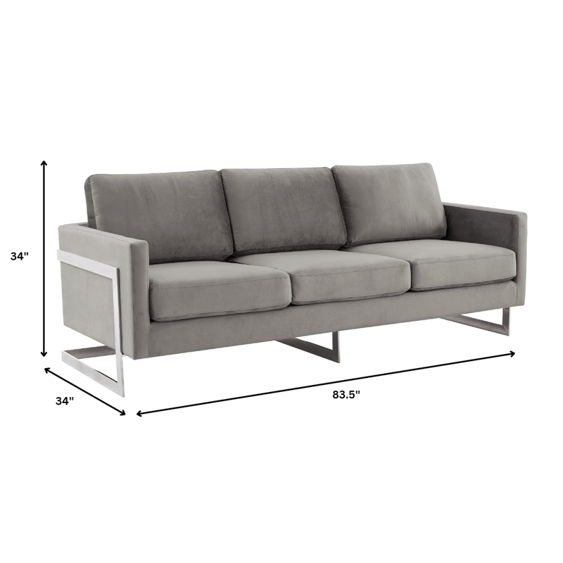 LeisureMod 3-Seater Velvet Sofa with Removable Cushions/Steel Base in Light Grey