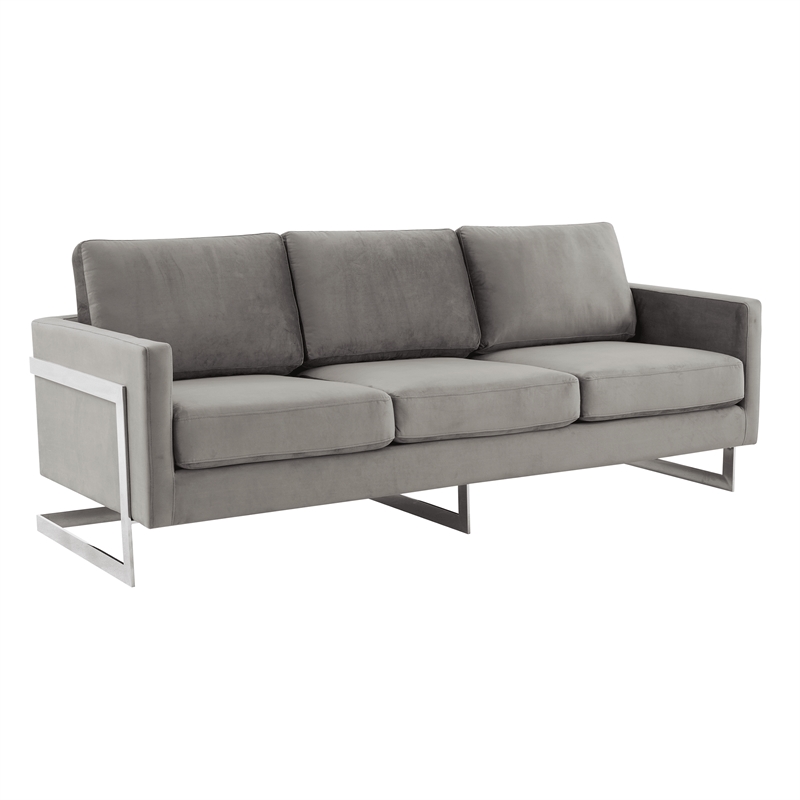 LeisureMod 3-Seater Velvet Sofa with Removable Cushions/Steel Base in Light Grey