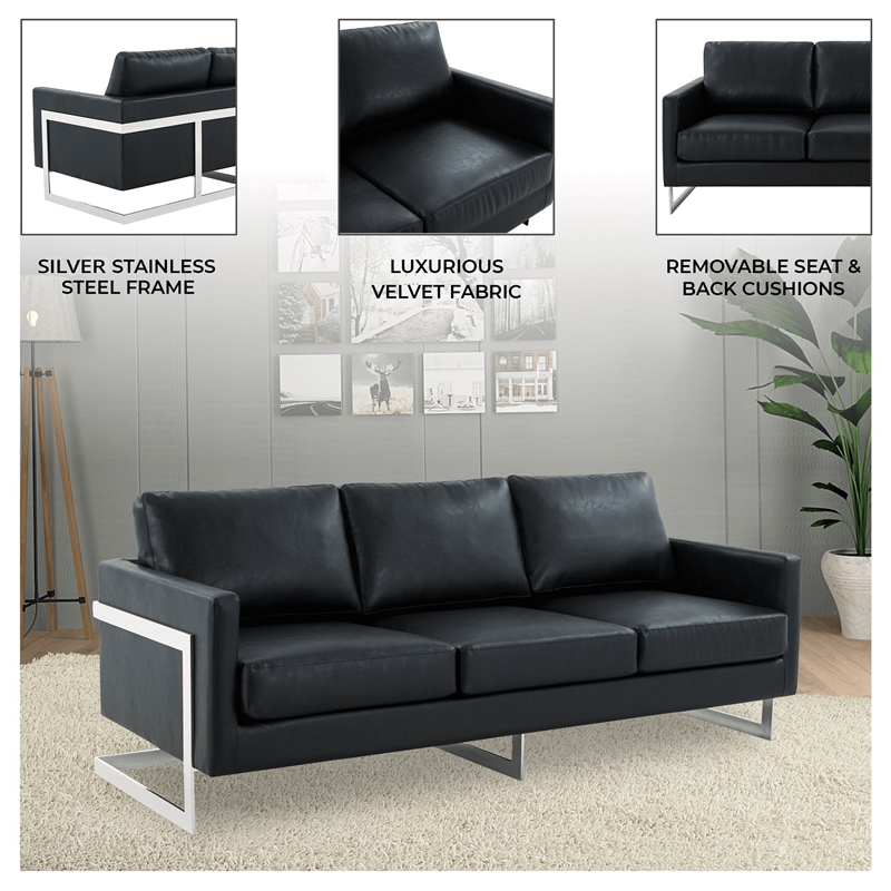 LeisureMod 3-Seater Leather Sofa with Removable Cushions/Steel Base in Black