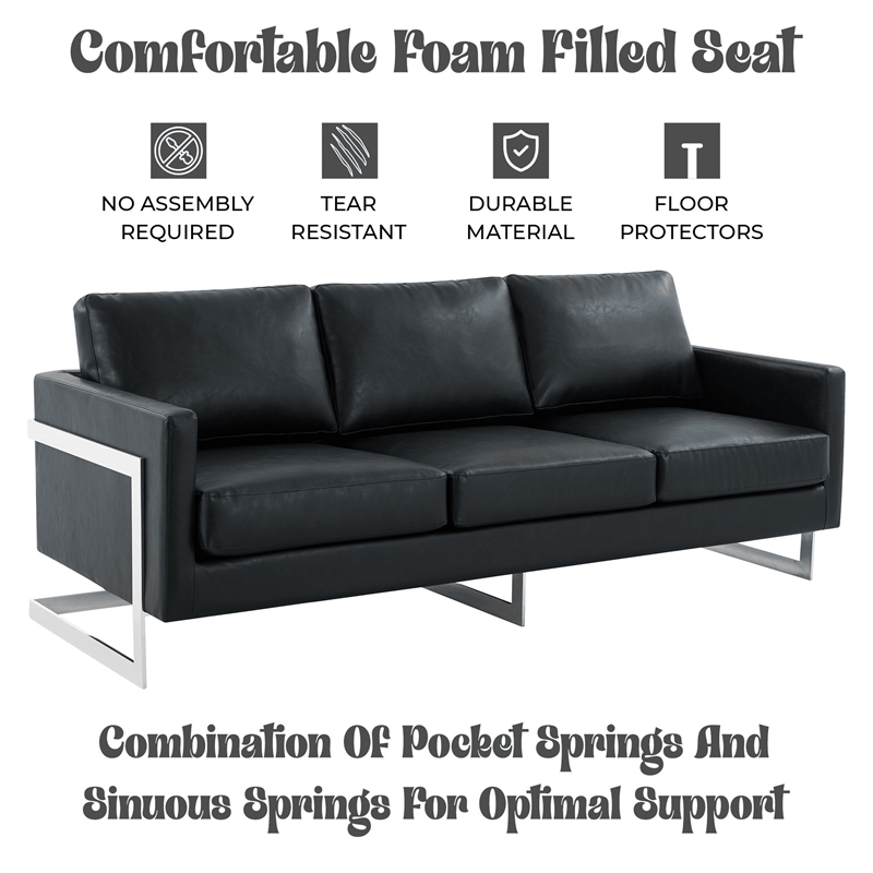 LeisureMod 3-Seater Leather Sofa with Removable Cushions/Steel Base in Black