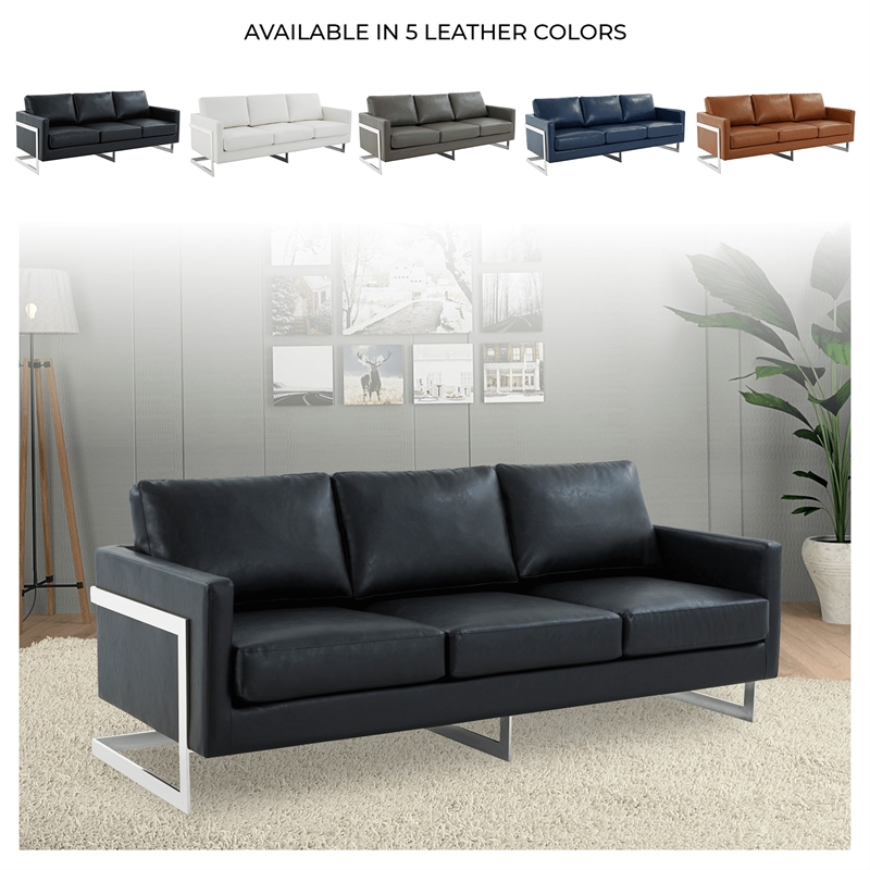LeisureMod 3-Seater Leather Sofa with Removable Cushions/Steel Base in Black