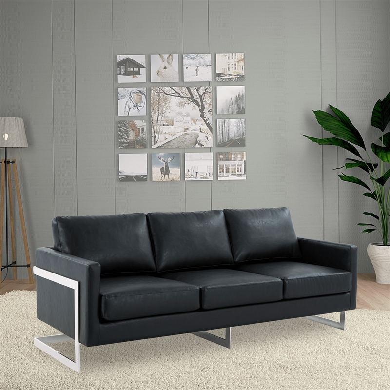 LeisureMod 3-Seater Leather Sofa with Removable Cushions/Steel Base in Black