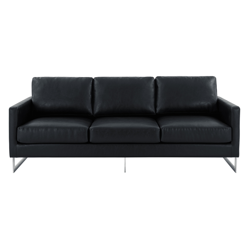 LeisureMod 3-Seater Leather Sofa with Removable Cushions/Steel Base in Black