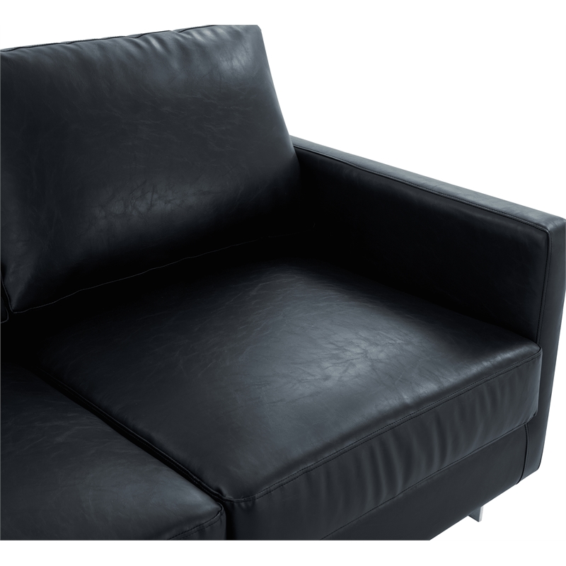 LeisureMod 3-Seater Leather Sofa with Removable Cushions/Steel Base in Black