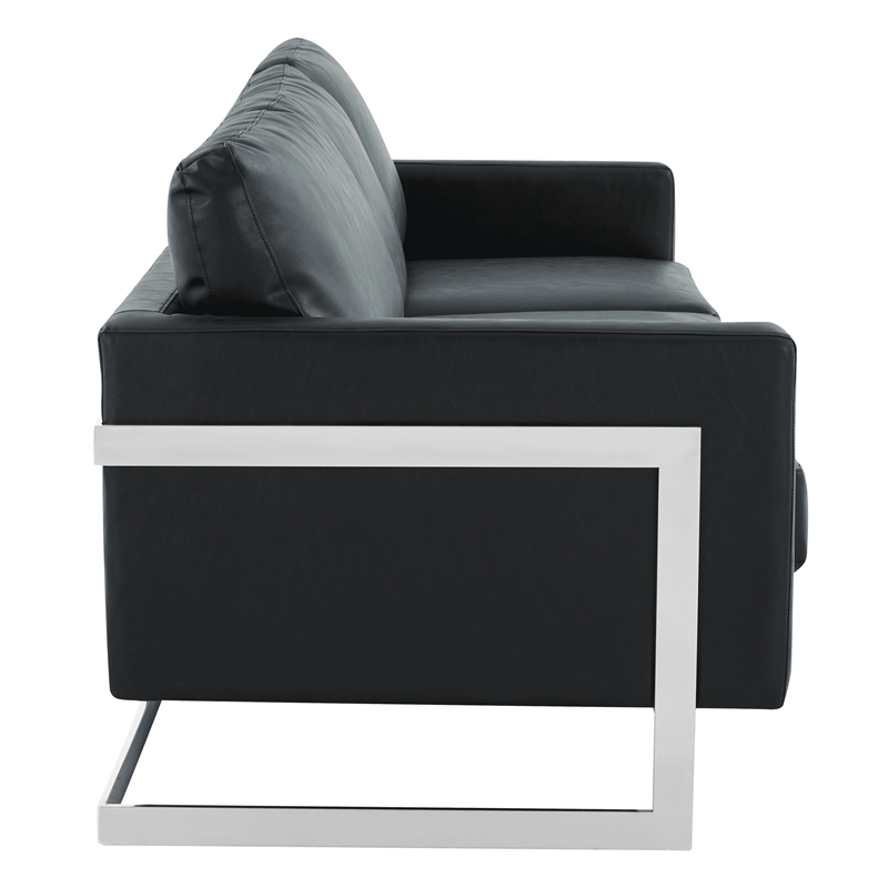 LeisureMod 3-Seater Leather Sofa with Removable Cushions/Steel Base in Black