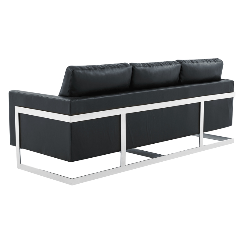 LeisureMod 3-Seater Leather Sofa with Removable Cushions/Steel Base in Black