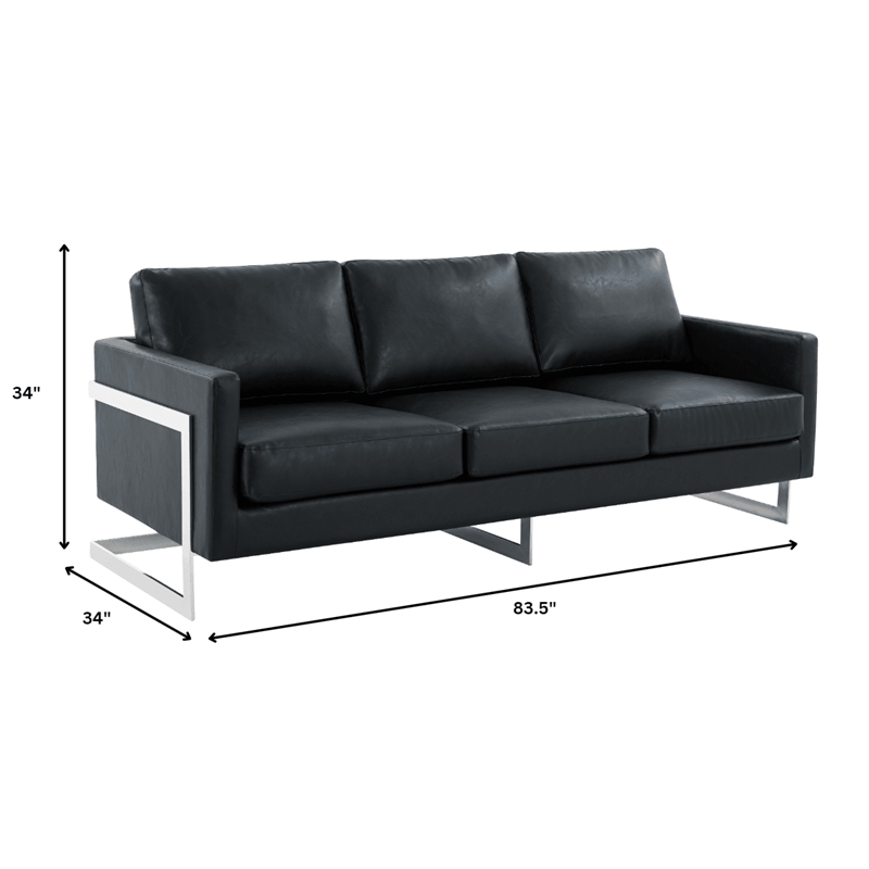 LeisureMod 3-Seater Leather Sofa with Removable Cushions/Steel Base in Black