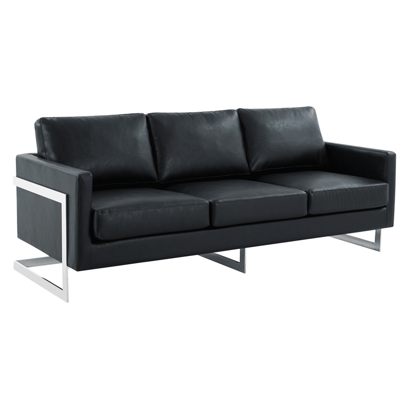 LeisureMod 3-Seater Leather Sofa with Removable Cushions/Steel Base in Black