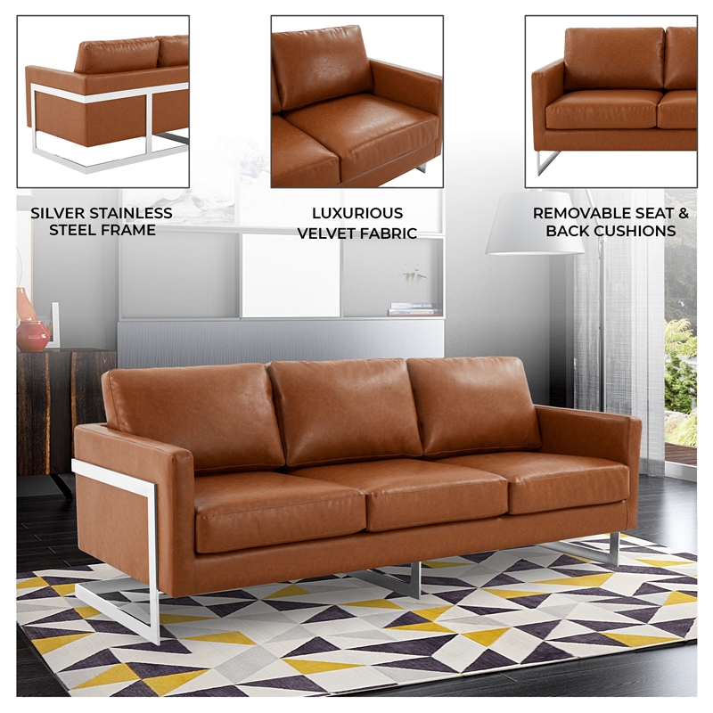 LeisureMod 3-Seater Leather Sofa with Removable Cushions/Steel Base in Brown
