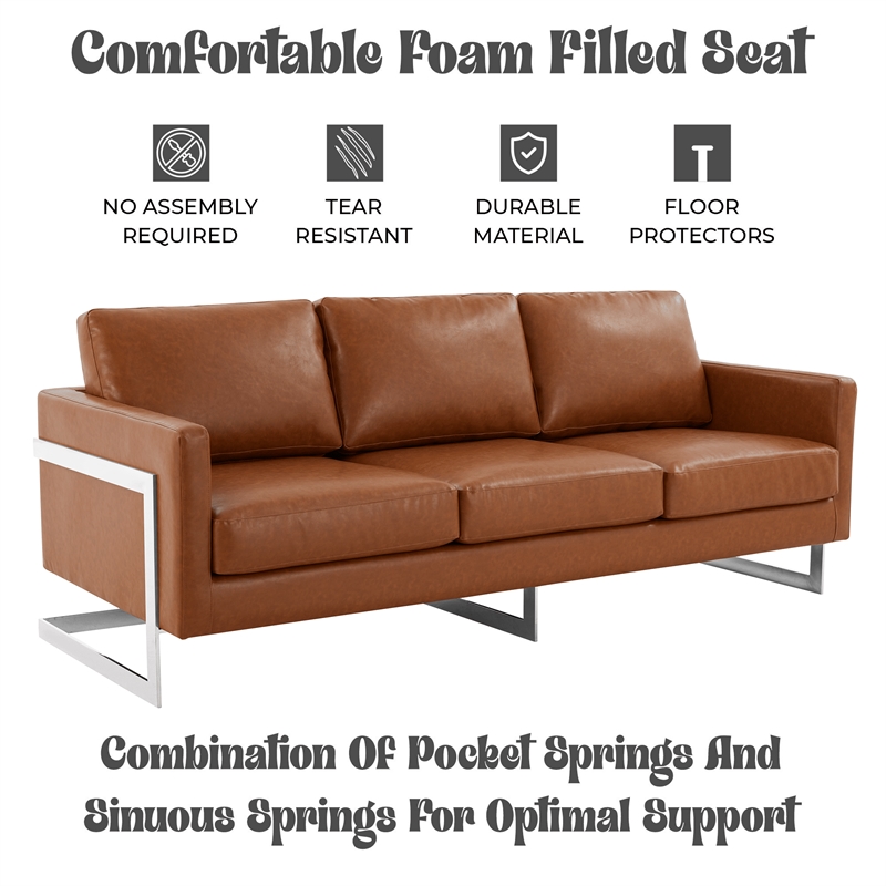 LeisureMod 3-Seater Leather Sofa with Removable Cushions/Steel Base in Brown