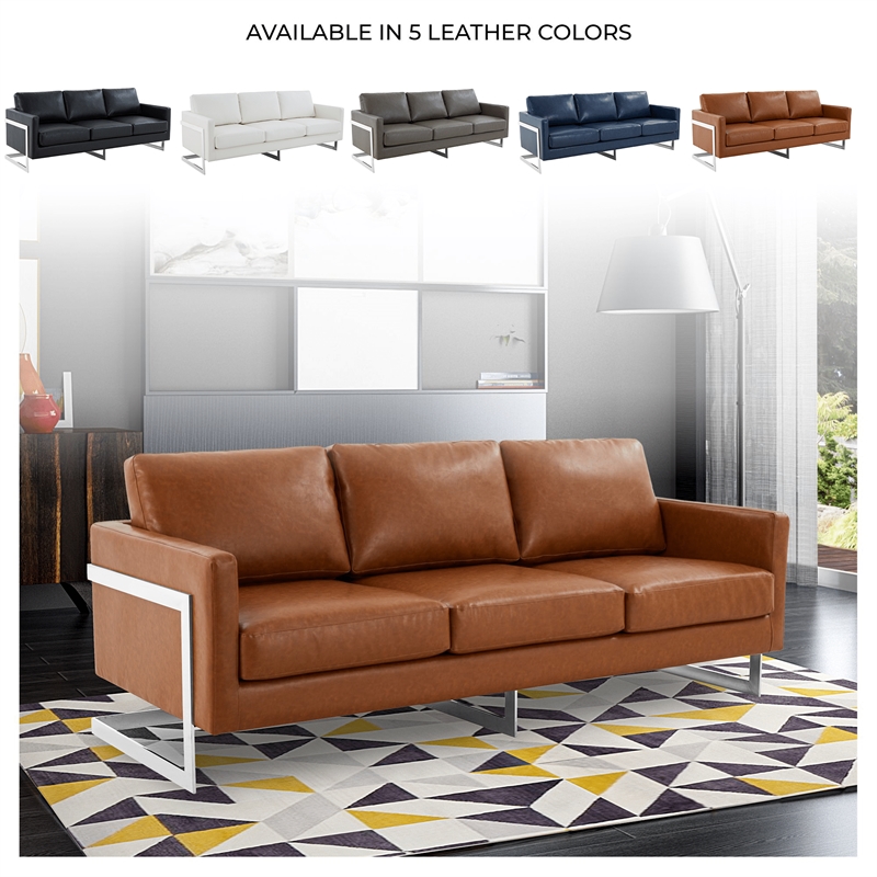 LeisureMod 3-Seater Leather Sofa with Removable Cushions/Steel Base in Brown