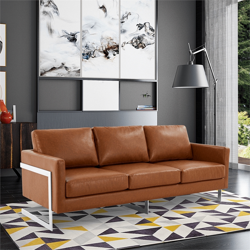LeisureMod 3-Seater Leather Sofa with Removable Cushions/Steel Base in Brown