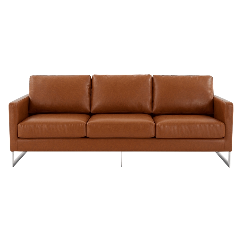 LeisureMod 3-Seater Leather Sofa with Removable Cushions/Steel Base in Brown