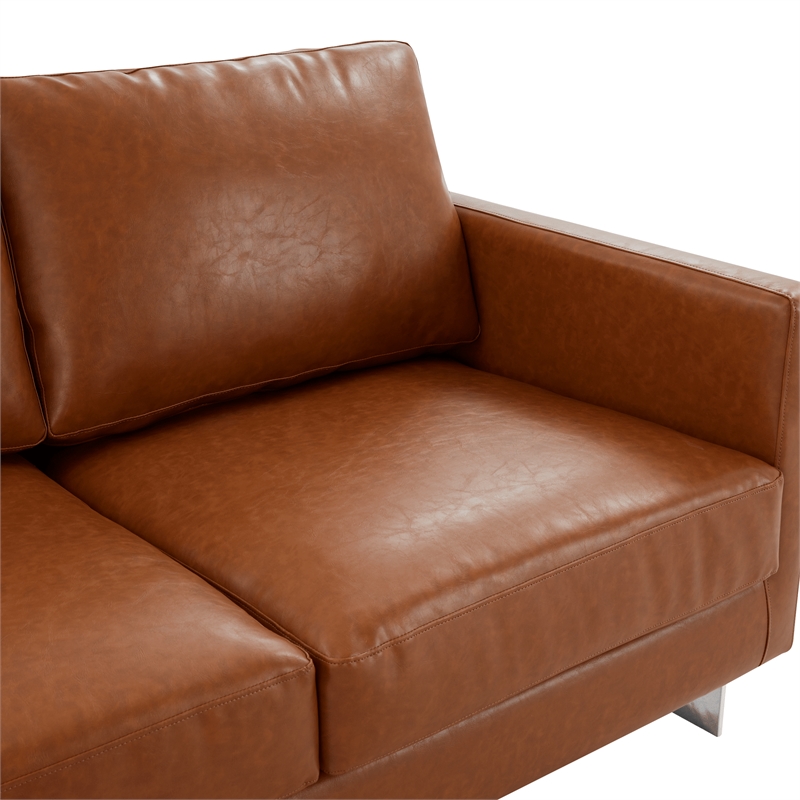 LeisureMod 3-Seater Leather Sofa with Removable Cushions/Steel Base in Brown