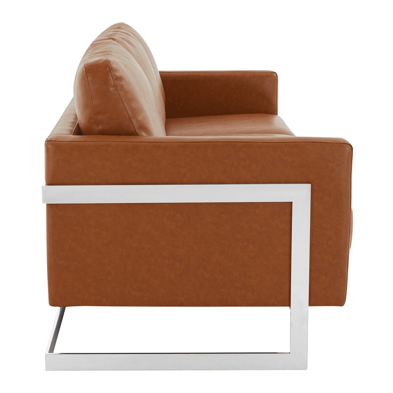 LeisureMod 3-Seater Leather Sofa with Removable Cushions/Steel Base in Brown