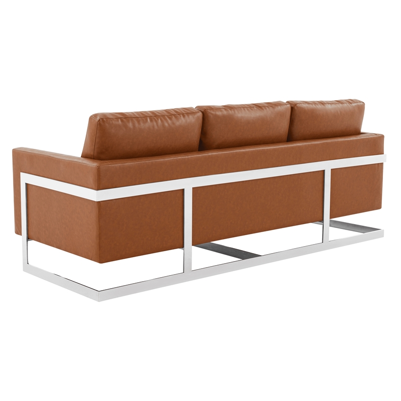 LeisureMod 3-Seater Leather Sofa with Removable Cushions/Steel Base in Brown