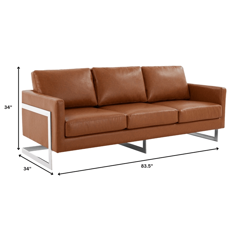 LeisureMod 3-Seater Leather Sofa with Removable Cushions/Steel Base in Brown