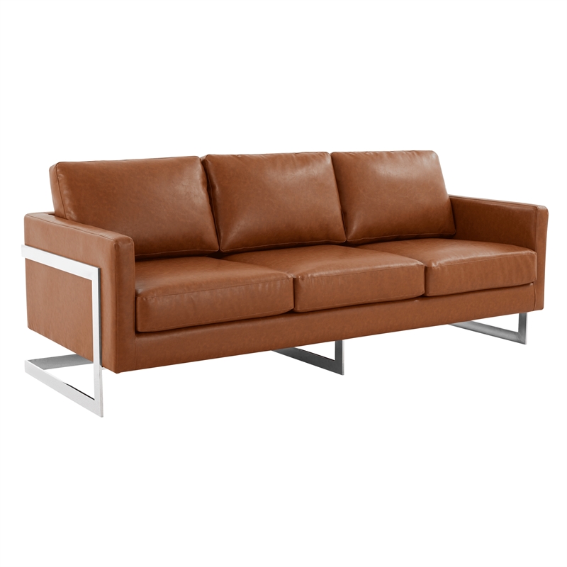 LeisureMod 3-Seater Leather Sofa with Removable Cushions/Steel Base in Brown