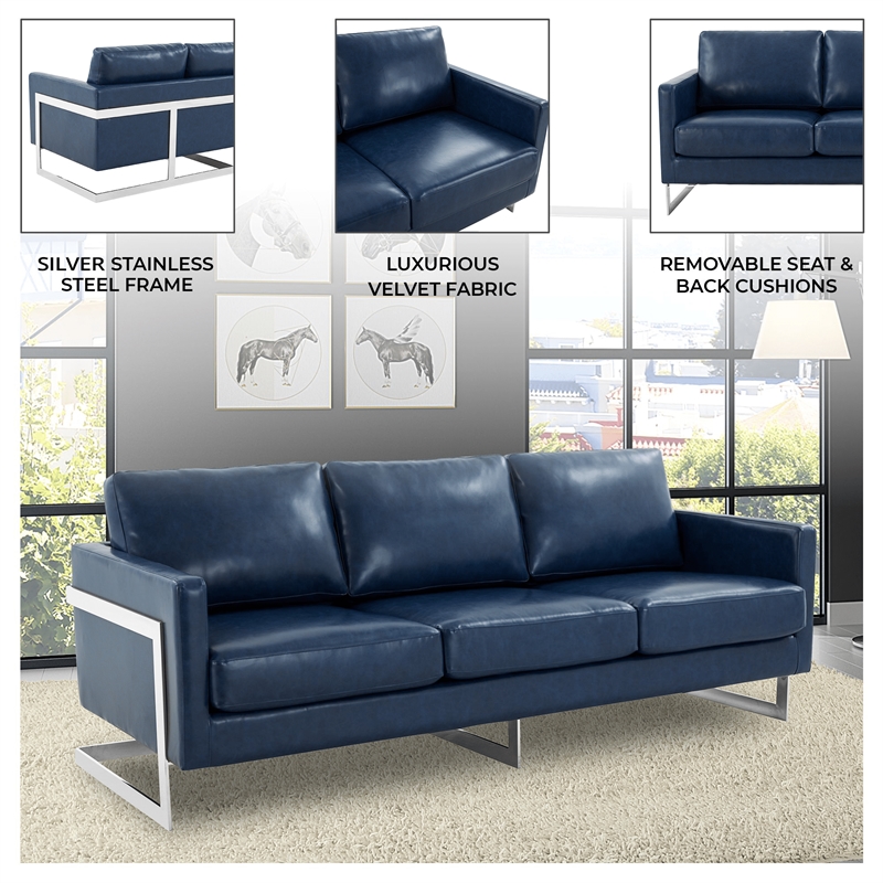 LeisureMod 3-Seater Leather Sofa with Removable Cushions/Steel Base in Blue