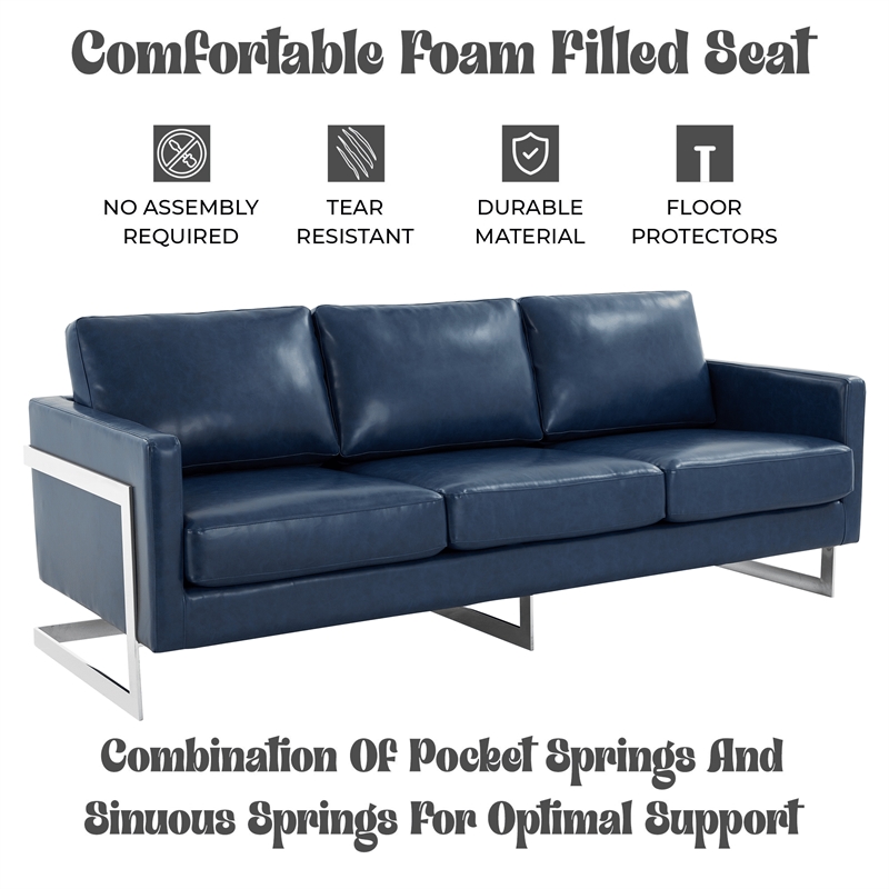 LeisureMod 3-Seater Leather Sofa with Removable Cushions/Steel Base in Blue