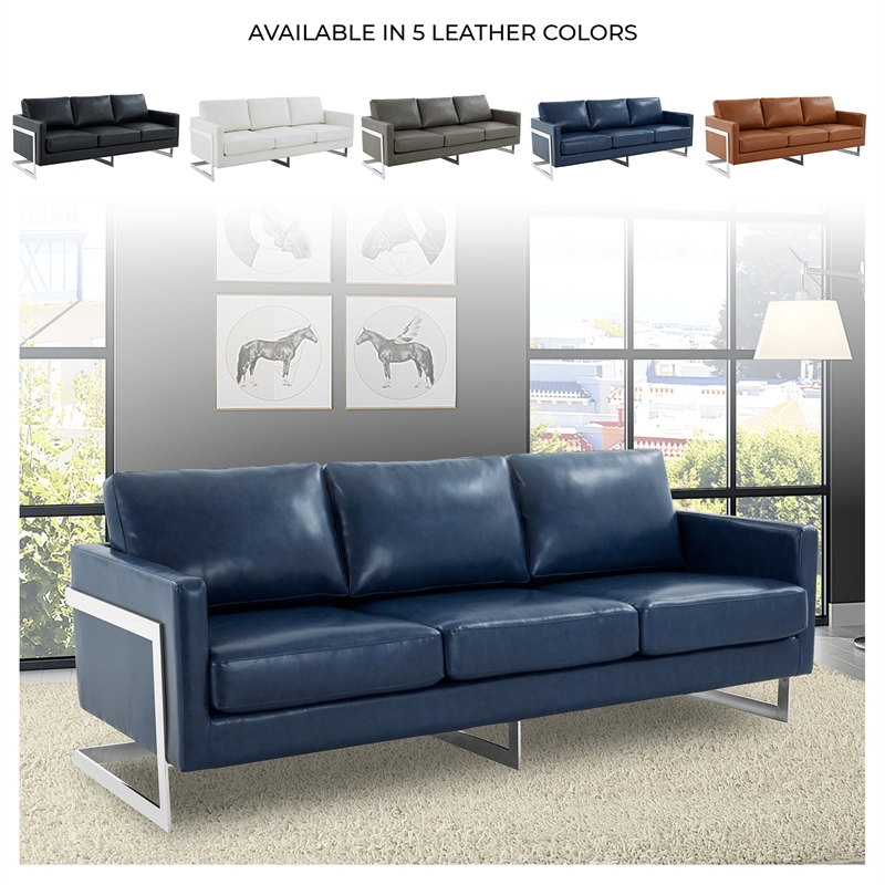 LeisureMod 3-Seater Leather Sofa with Removable Cushions/Steel Base in Blue