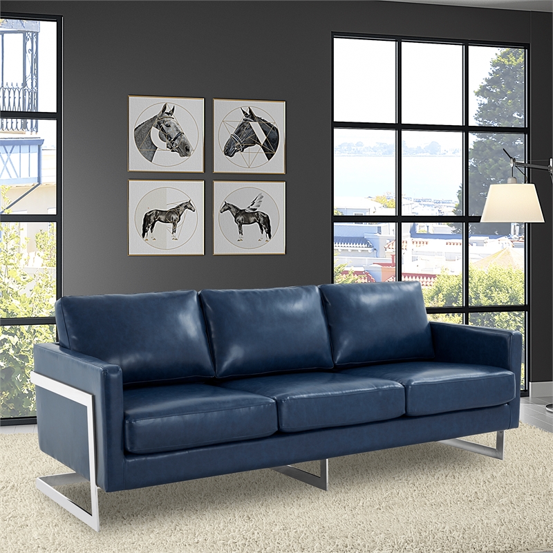LeisureMod 3-Seater Leather Sofa with Removable Cushions/Steel Base in Blue