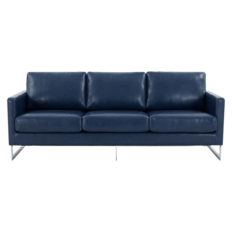 LeisureMod 3-Seater Leather Sofa with Removable Cushions/Steel Base in Blue