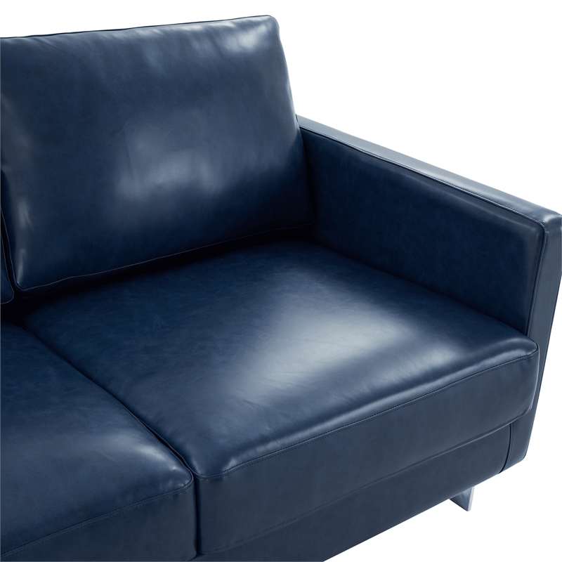LeisureMod 3-Seater Leather Sofa with Removable Cushions/Steel Base in Blue