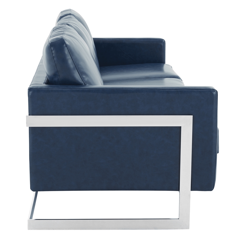 LeisureMod 3-Seater Leather Sofa with Removable Cushions/Steel Base in Blue