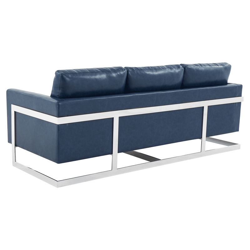 LeisureMod 3-Seater Leather Sofa with Removable Cushions/Steel Base in Blue