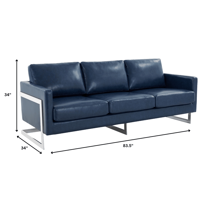 LeisureMod 3-Seater Leather Sofa with Removable Cushions/Steel Base in Blue