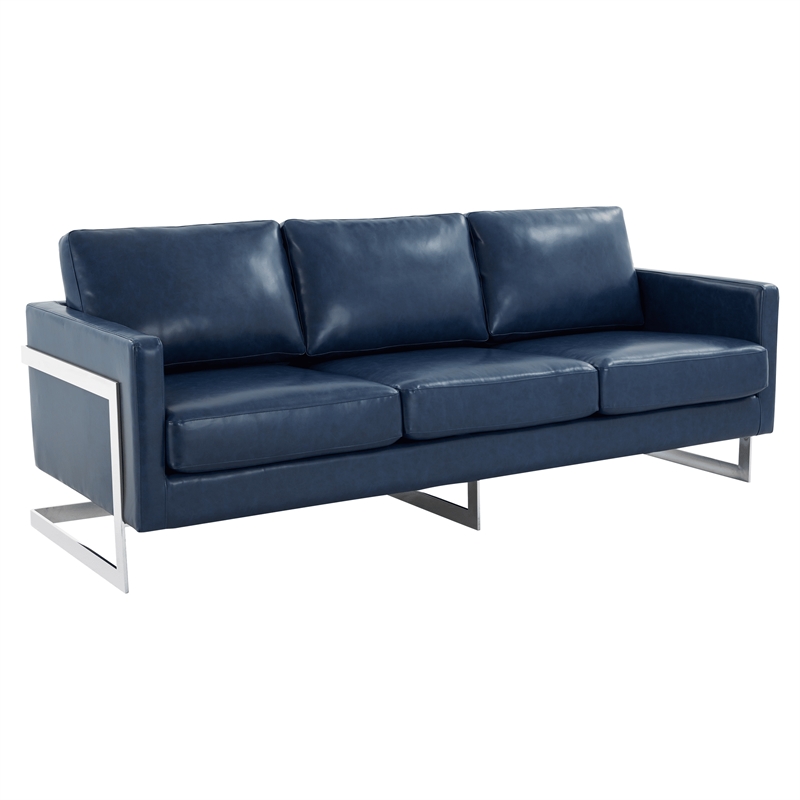 LeisureMod 3-Seater Leather Sofa with Removable Cushions/Steel Base in Blue