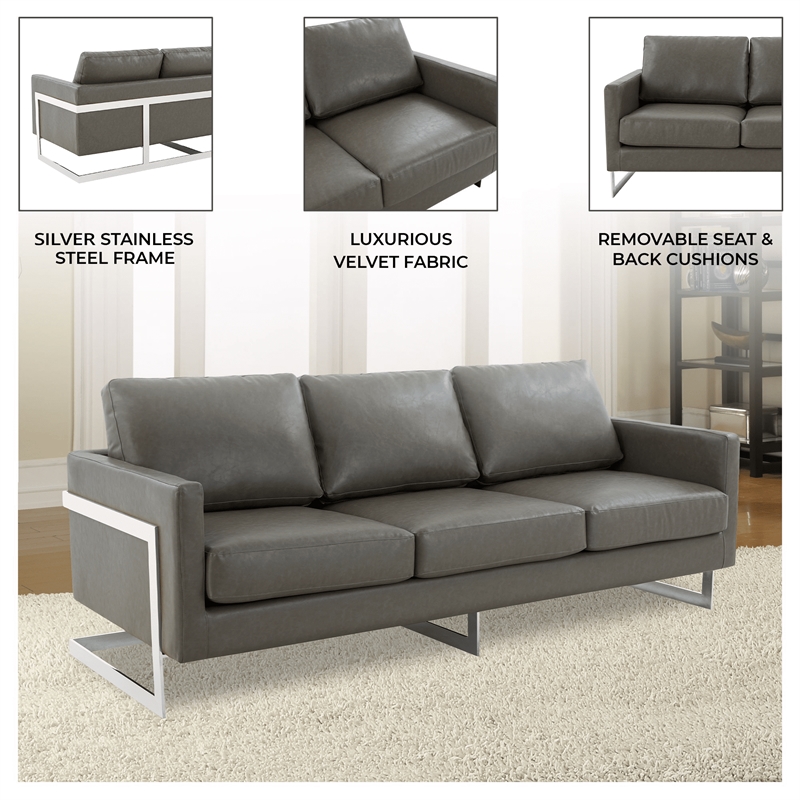 LeisureMod 3-Seater Leather Sofa with Removable Cushions/Steel Base in Grey