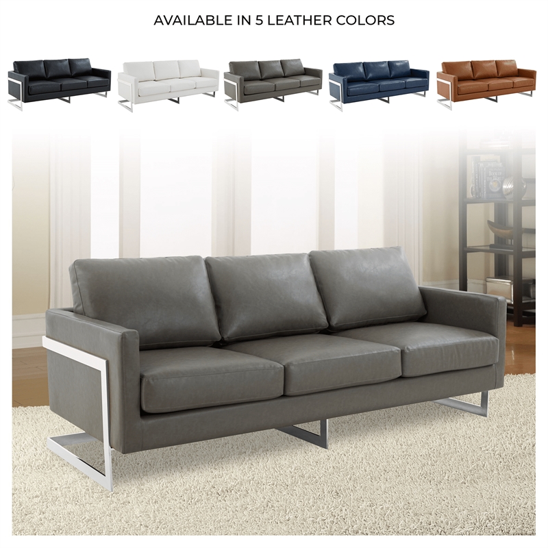 LeisureMod 3-Seater Leather Sofa with Removable Cushions/Steel Base in Grey