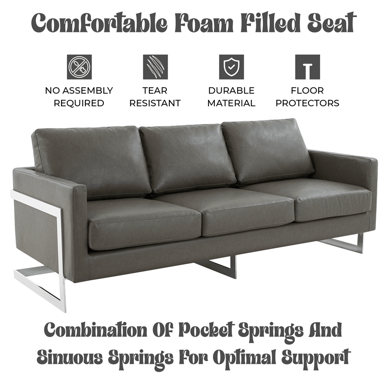 LeisureMod 3-Seater Leather Sofa with Removable Cushions/Steel Base in Grey