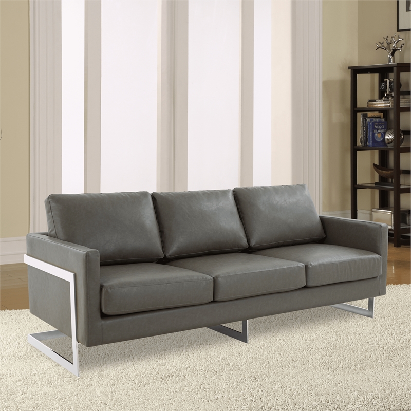 LeisureMod 3-Seater Leather Sofa with Removable Cushions/Steel Base in Grey